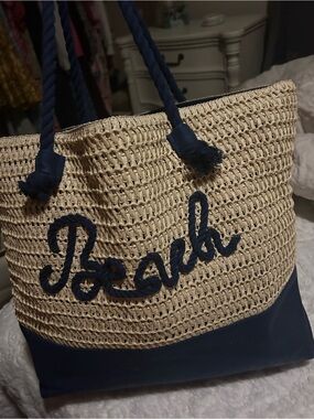 Navy & Natural Woven Tote Bag with Rope Handles